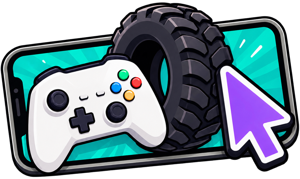 A tablet with a game controller, an off-road tire and a cursor